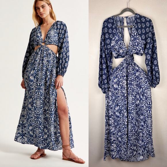 Abercrombie & Fitch Dresses & Skirts - Abercrombie & Fitch Cutout Maxi Dress Blue White Boho Long Sleeve XS Going Out